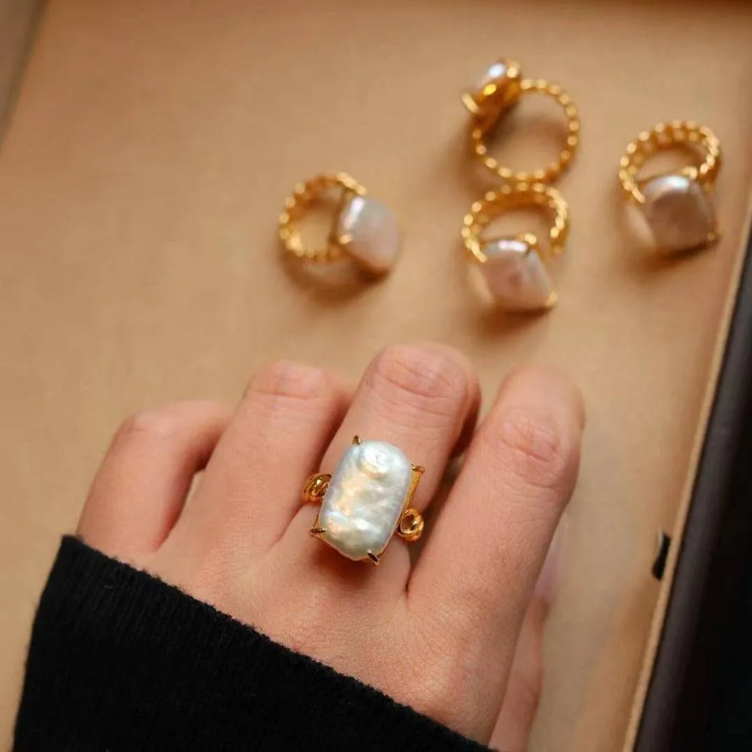 Adjustable Rectangular Freshwater Baroque Pearl Ring in Gold Vermeil