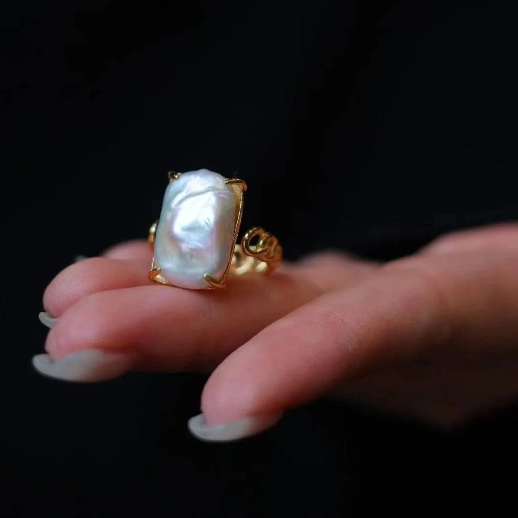 Adjustable Rectangular Freshwater Baroque Pearl Ring in Gold Vermeil