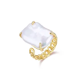 Adjustable Rectangular Freshwater Baroque Pearl Ring in Gold Vermeil