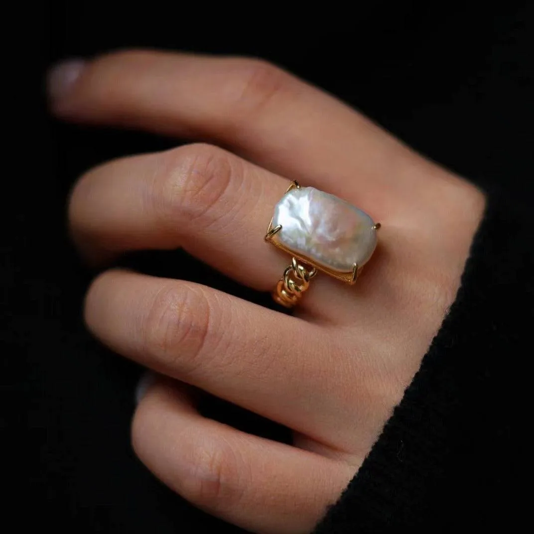 Adjustable Rectangular Freshwater Baroque Pearl Ring in Gold Vermeil