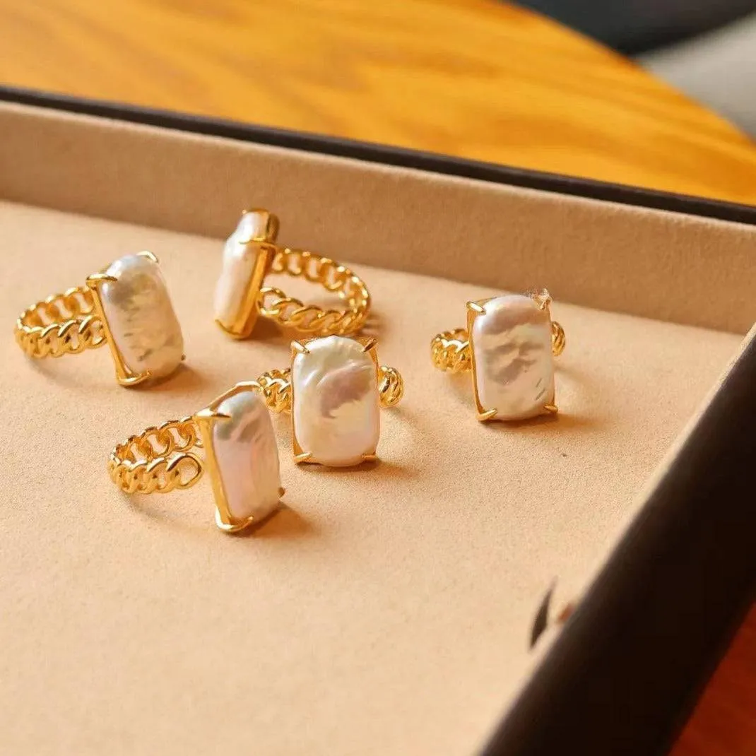 Adjustable Rectangular Freshwater Baroque Pearl Ring in Gold Vermeil