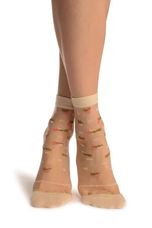 Beige With Little Woven Flowers On Invisible Mesh Ankle High Socks