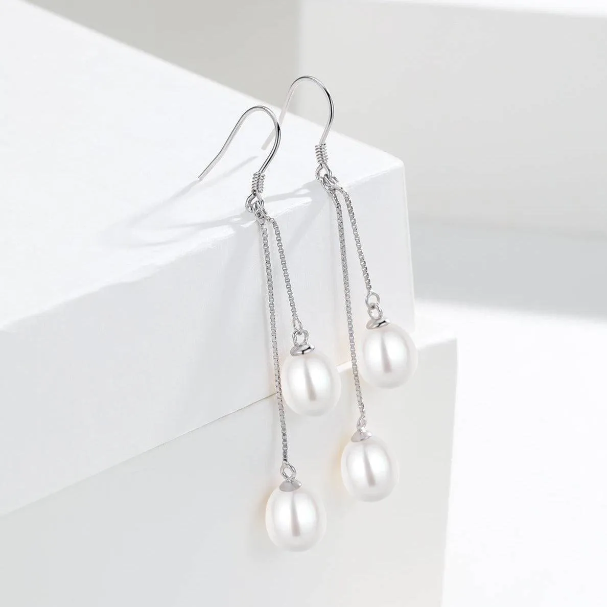 Dual Drop Freshwater Pearl Dangle Cluster Earrings