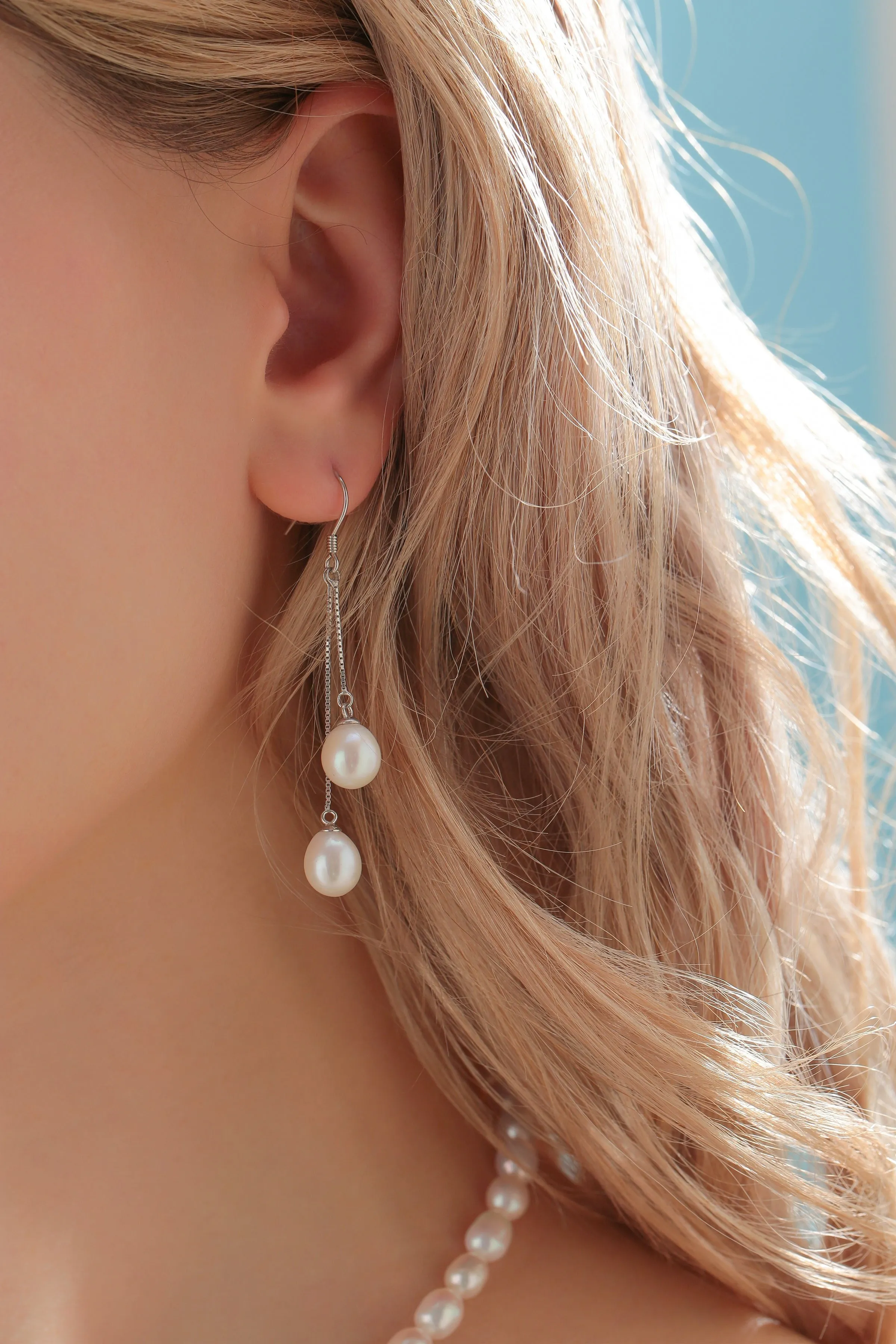 Dual Drop Freshwater Pearl Dangle Cluster Earrings