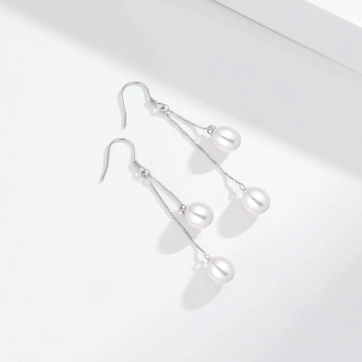 Dual Drop Freshwater Pearl Dangle Cluster Earrings