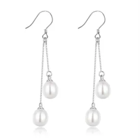 Dual Drop Freshwater Pearl Dangle Cluster Earrings