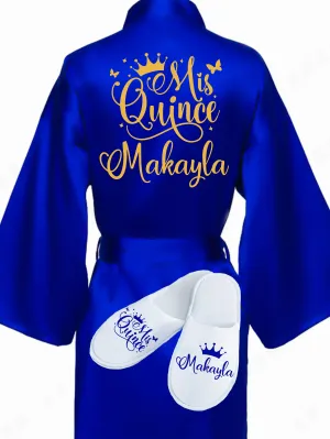 Quinceanera Royal Blue with Gold robe with slippers